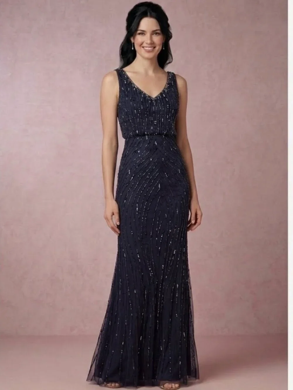 ANTHROPOLOGIE Adriana Papell  BROOKLYN NAVY BEADED DRESS SZ 0/ XS